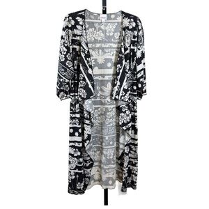 Kimono Duster Cardigan Women’s Medium Open Front Boho Black White Layering Piece